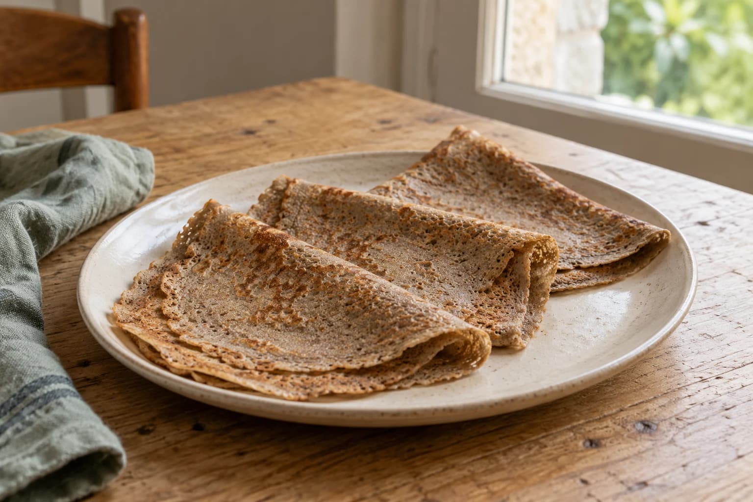 Dünne graubraune Buchweizen-Galettes mit unregelmäßigen goldbraunen Bratstellen, locker zu Vierteln gefaltet auf einem cremefarbenen Teller, ohne Füllung oder Garnitur