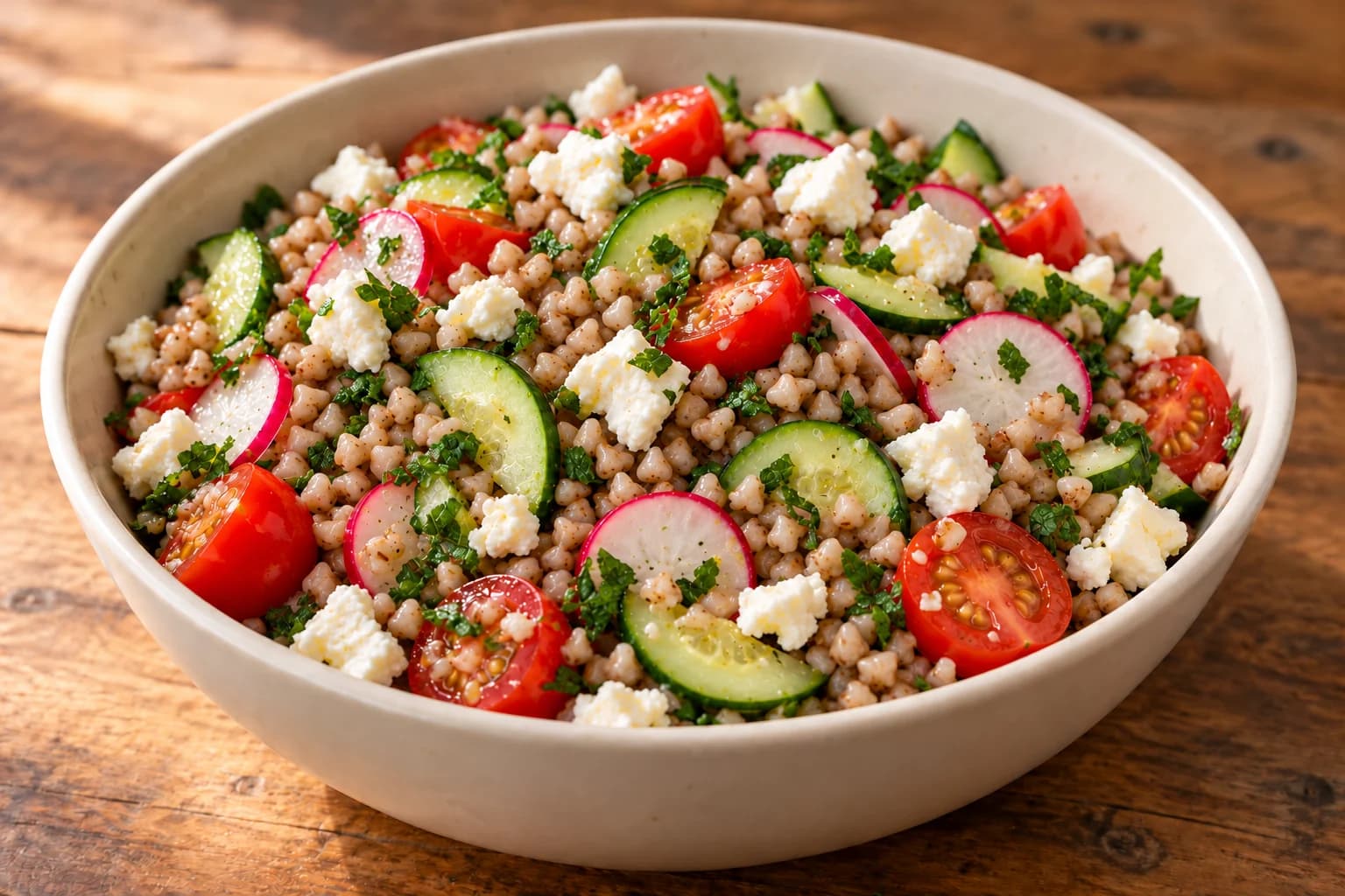 Buchweizensalat mit Gurkenstücken, halbierten Cherrytomaten, Radieschenscheiben, Feta und geschnittener Minze in einer hellen Schüssel