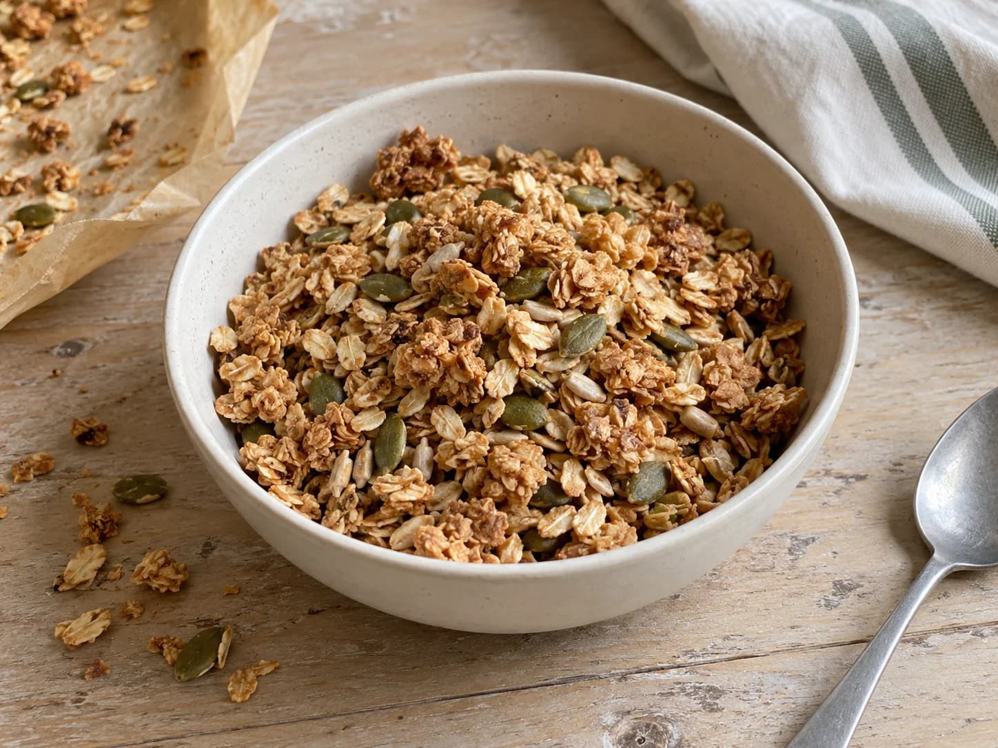 Goldbraunes Knuspermüsli aus Haferflocken, grünen Kürbiskernen und Sonnenblumenkernen mit kleinen unregelmäßigen Stücken in einer Keramikschale