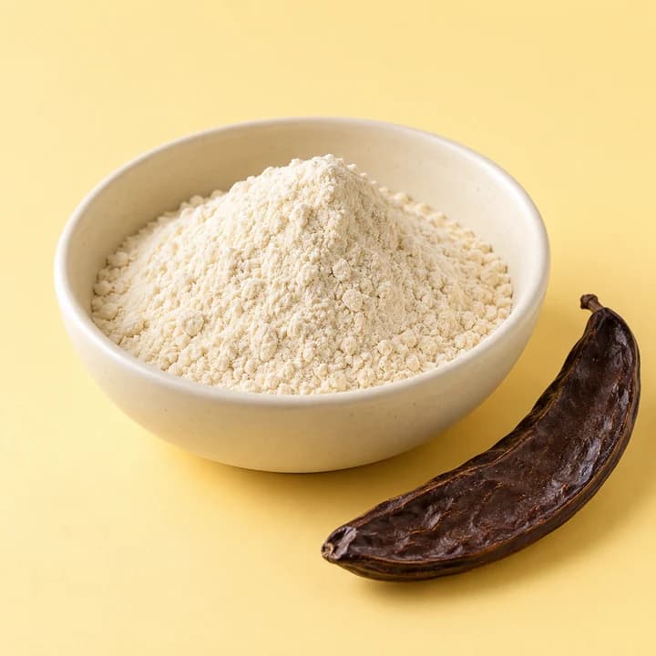 Johannisbrotkernmehl in einer Keramikschale als Symbolbild