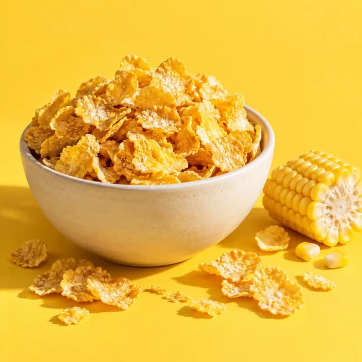 Maisflocken – KI-Symbolbild Goldene Maisflocken in einer Keramikschale mit Maiskolben auf gelbem Grund