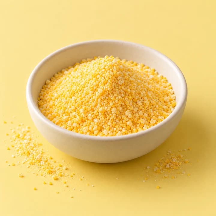 Maisgrieß (Polenta) – KI-Symbolbild Goldgelber Maisgrieß in einer Keramikschale mit Maiskörnern als Symbolbild