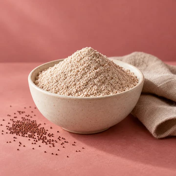 Teffmehl – KI-Symbolbild Teffmehl in einer Keramikschale mit kleinen Teffkörnern auf rosafarbenem Grund