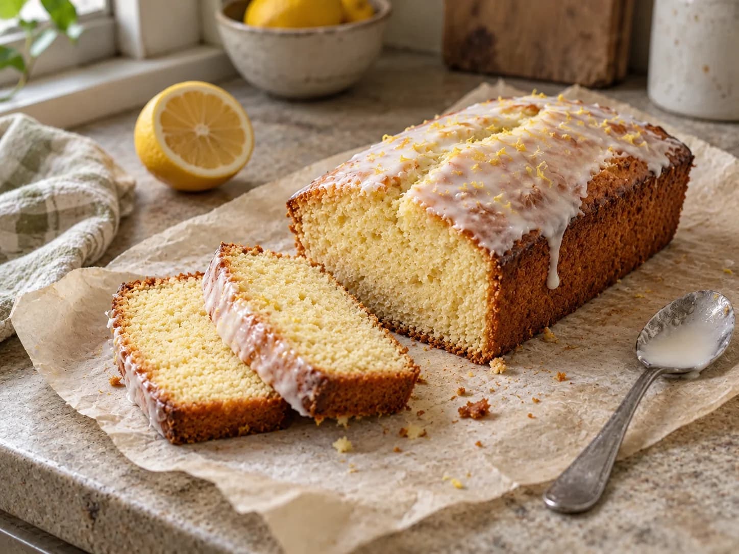 Zitronen-Kastenkuchen mit dünnem Zitronenguss und zwei Scheiben auf Backpapier