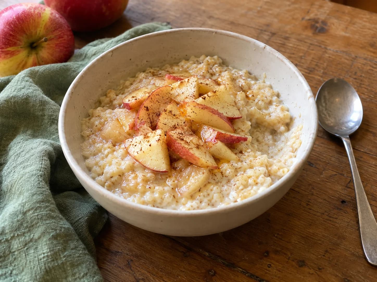 Cremiges Hirseflocken-Porridge in einer Keramikschale mit ungleichmäßigen Apfelspalten, Zimt und etwas Ahornsirup