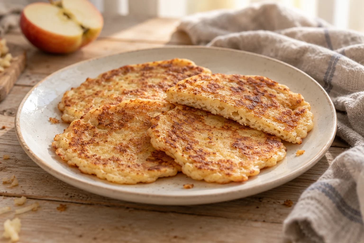 Kleine flache Apfelpfannkuchen mit ungleichmäßigen goldbraunen Bratflecken und feinen Apfelfasern auf einem cremefarbenen Teller, ohne Garnitur