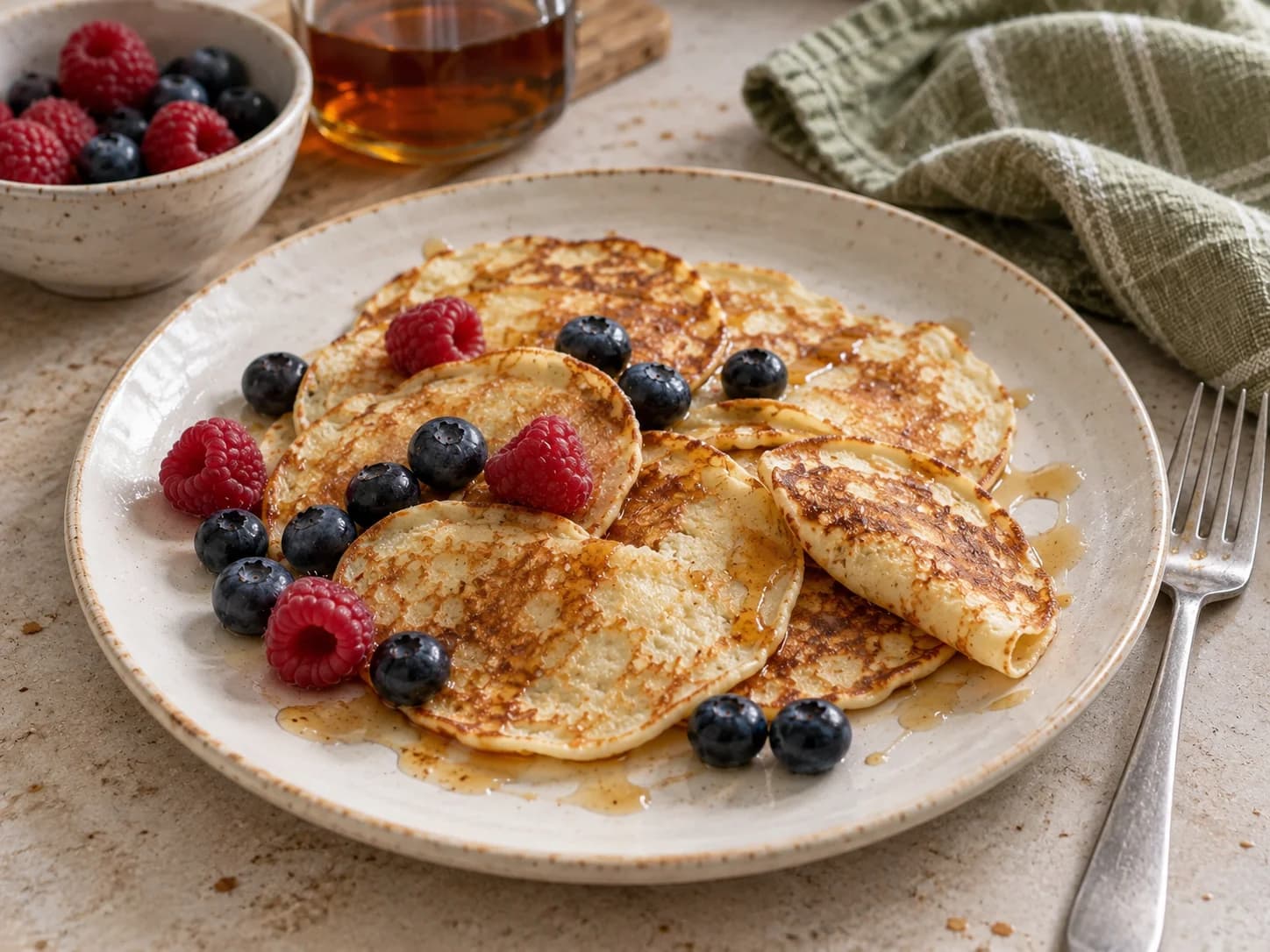 Kleine goldbraune Reismehl-Pfannkuchen mit Himbeeren, Heidelbeeren und Ahornsirup auf einem cremefarbenen Teller