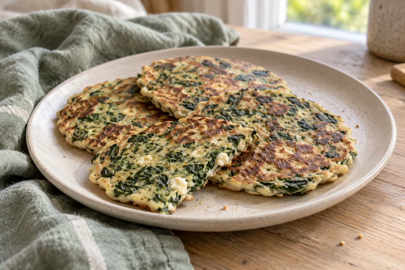 Kleine flache goldbraune Pfannkuchen mit eingebackenen dunkelgrünen Spinatstückchen und hellen Fetaflecken auf einem cremefarbenen Teller, ohne Garnitur
