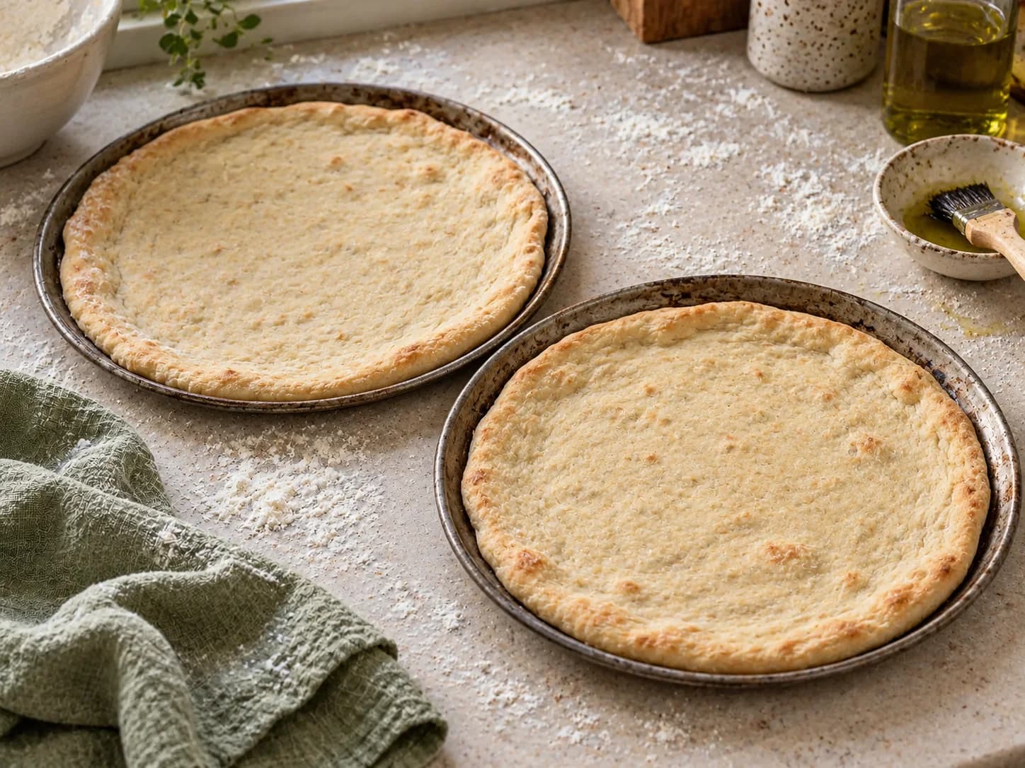 Zwei leicht vorgebackene glutenfreie Pizzaböden mit unregelmäßigem Rand auf Metallformen, ohne Belag