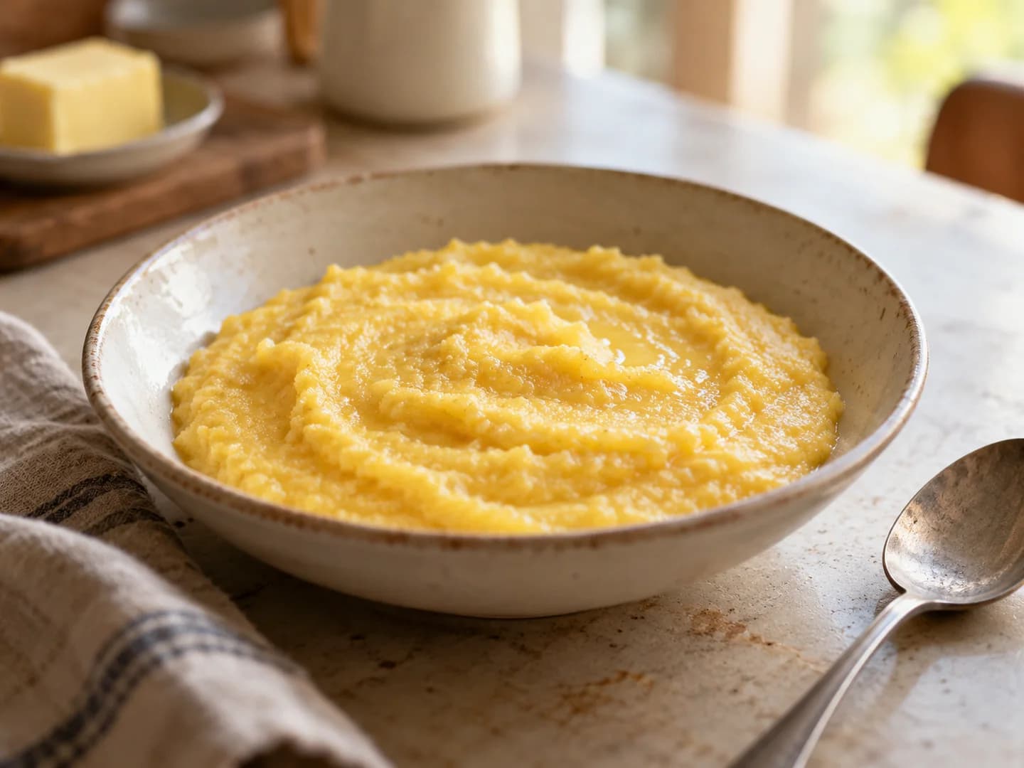 Cremige gelbe Polenta in einer Schale auf einem Küchentisch.