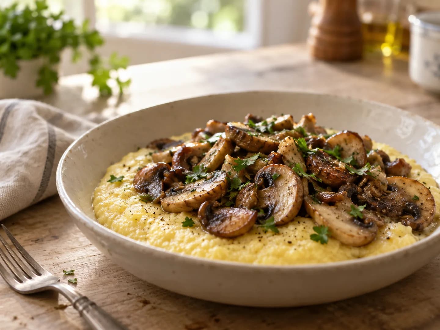 Cremige hellgelbe Polenta mit ungleichmäßig gebräunten Champignonscheiben und wenig fein gehackter Petersilie in einer cremefarbenen Schale