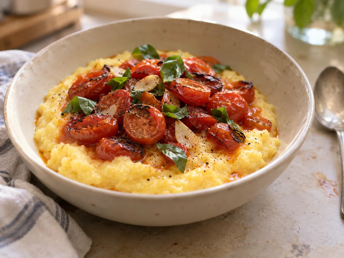 Cremige hellgelbe Polenta mit weichen gerösteten roten Kirschtomatenhälften, feinen Knoblauchscheiben und wenigen gezupften Basilikumblättern in einer cremefarbenen Schale