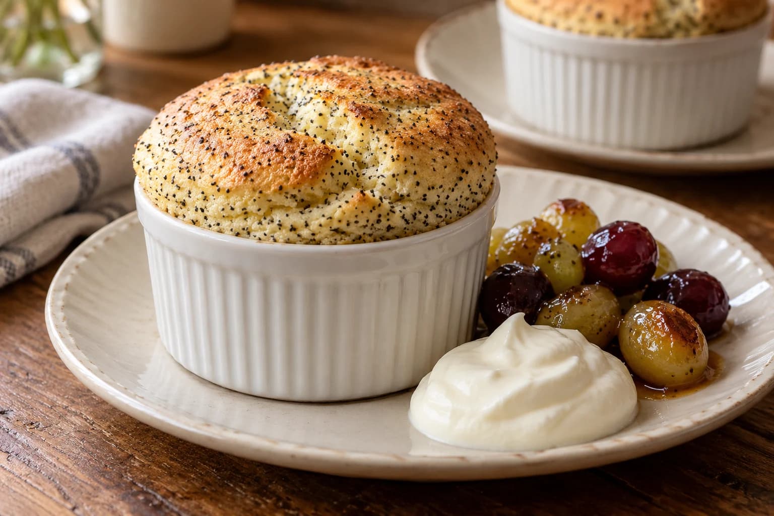 Mohnsoufflé mit goldbrauner Kuppel im weißen Förmchen, daneben karamellisierte helle und dunkle Weintrauben und Sauerrahmcreme