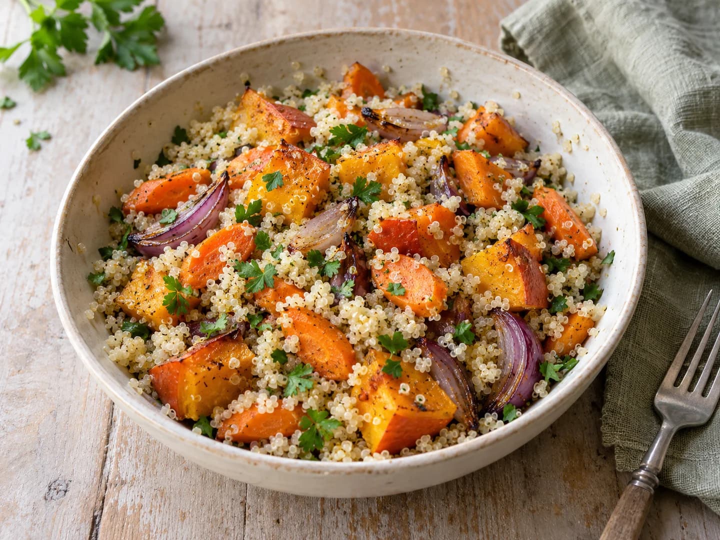Quinoa-Salat mit gerösteten Hokkaidowürfeln, Karottenscheiben, roten Zwiebelspalten und wenig gehackter Petersilie in einer cremefarbenen Schale