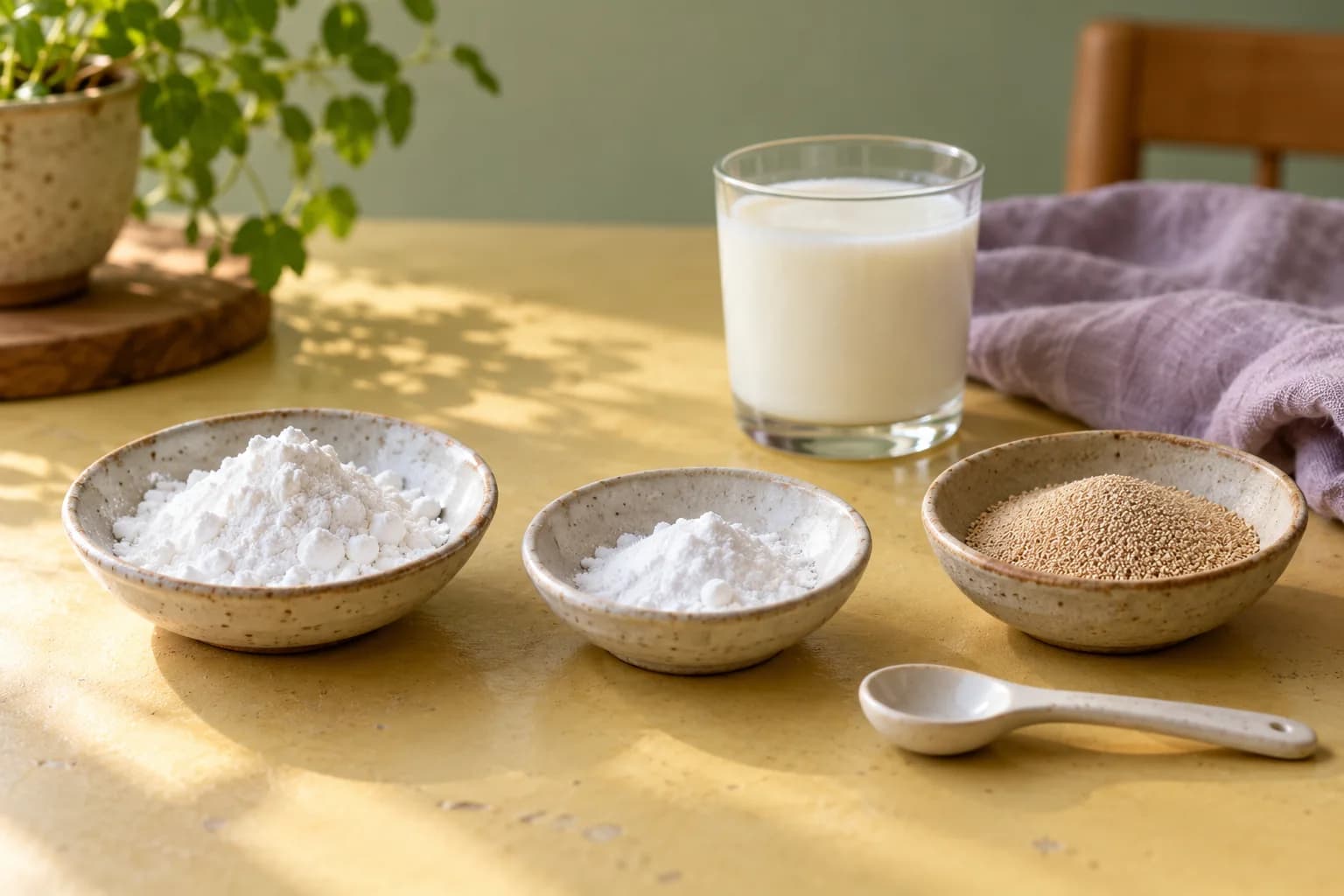 Schälchen mit weißem Backpulver, Natron und beigefarbenen Trockenhefegranulaten; dahinter ein Glas Buttermilch auf einem gelben Küchentisch.