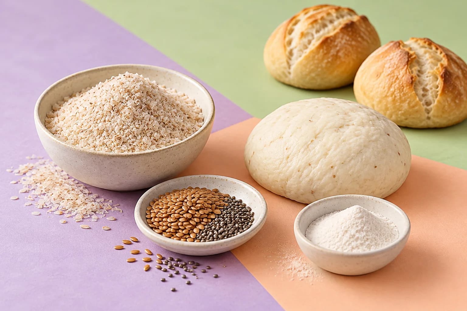 Flohsamenschalen, Leinsamen, Chiasamen und glutenfreier Teig mit Brötchen auf fliederfarbenem, apricotfarbenem und pistaziengrünem Grund.