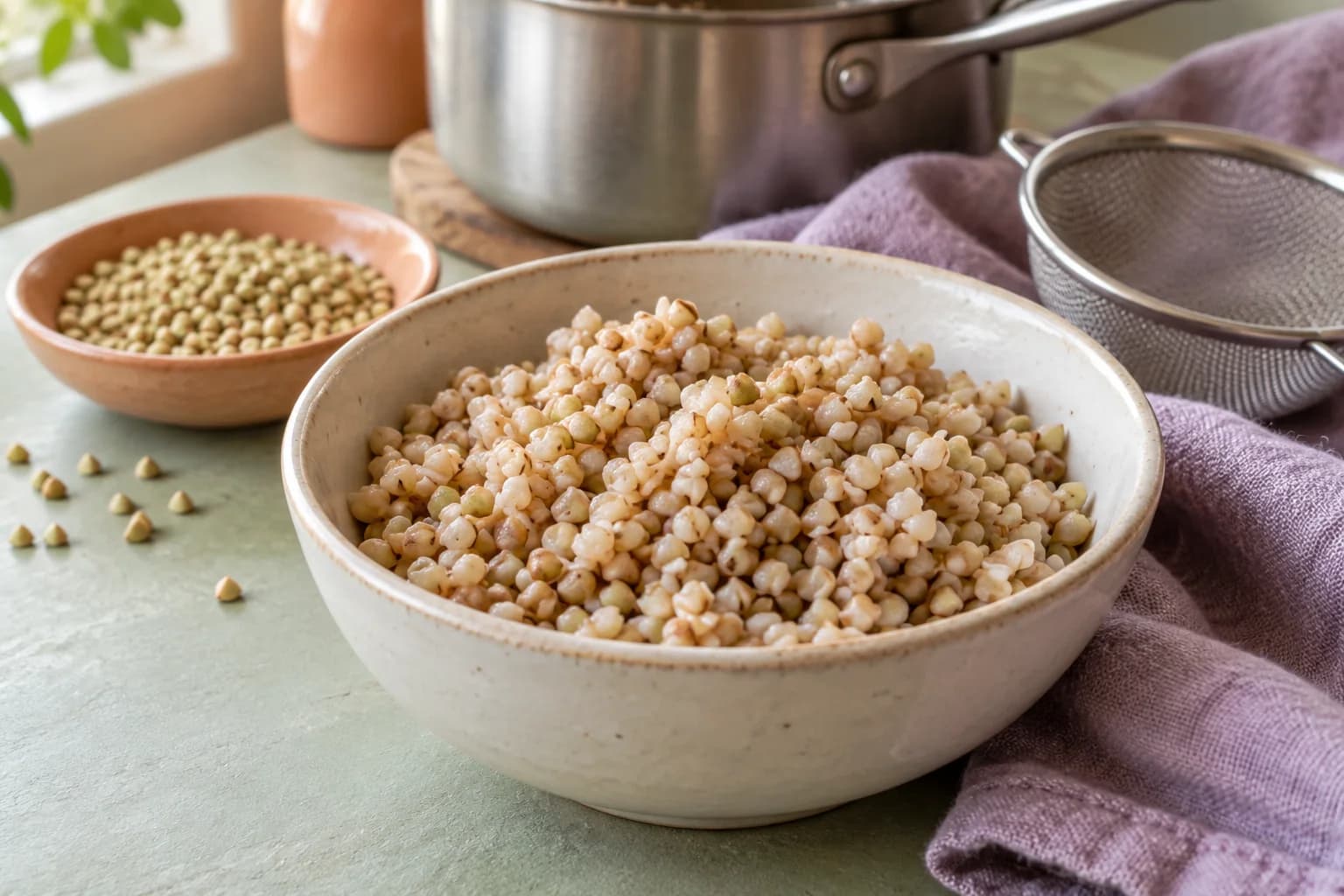 Eine Keramikschale mit gegarten Buchweizenkörnern, dahinter trockene dreikantige Körner, Kochtopf und Sieb auf einem pistaziengrünen Tisch mit fliederfarbenem Tuch.