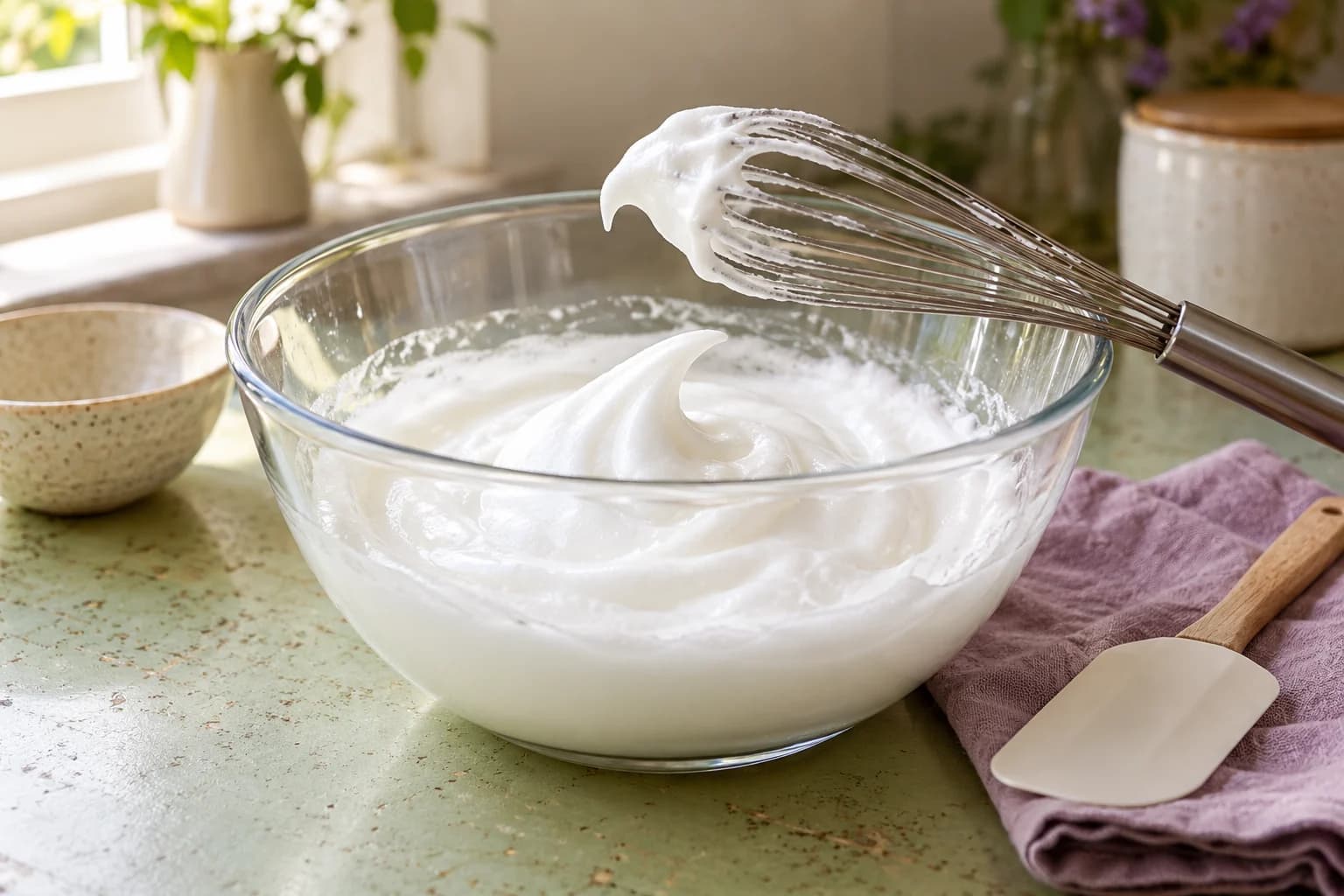 Glänzender Eischnee in einer Glasschüssel mit Schneebesen und Teigschaber.