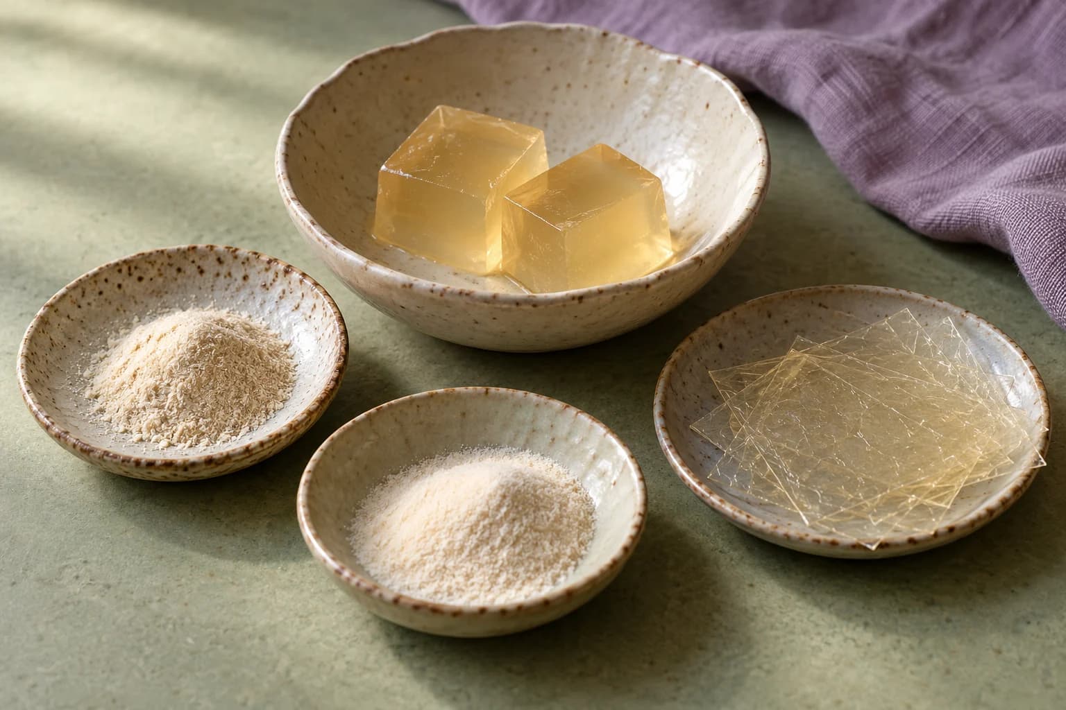 Gelatineblätter, zwei helle Gelwürfel und Schälchen mit Gelierpulver auf einem Küchentisch.