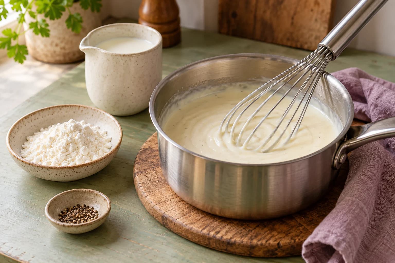 Helle cremige Sauce in einem Topf mit Schneebesen neben Milch und einem Schälchen Mehl.
