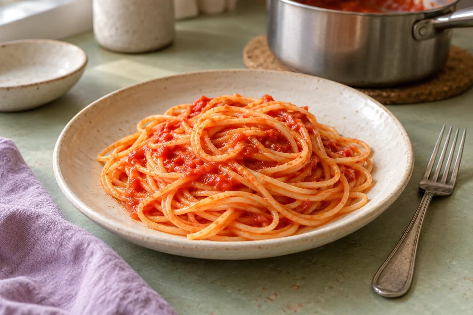 Gegarte Spaghetti mit etwas Tomatensauce auf einem hellen Teller.