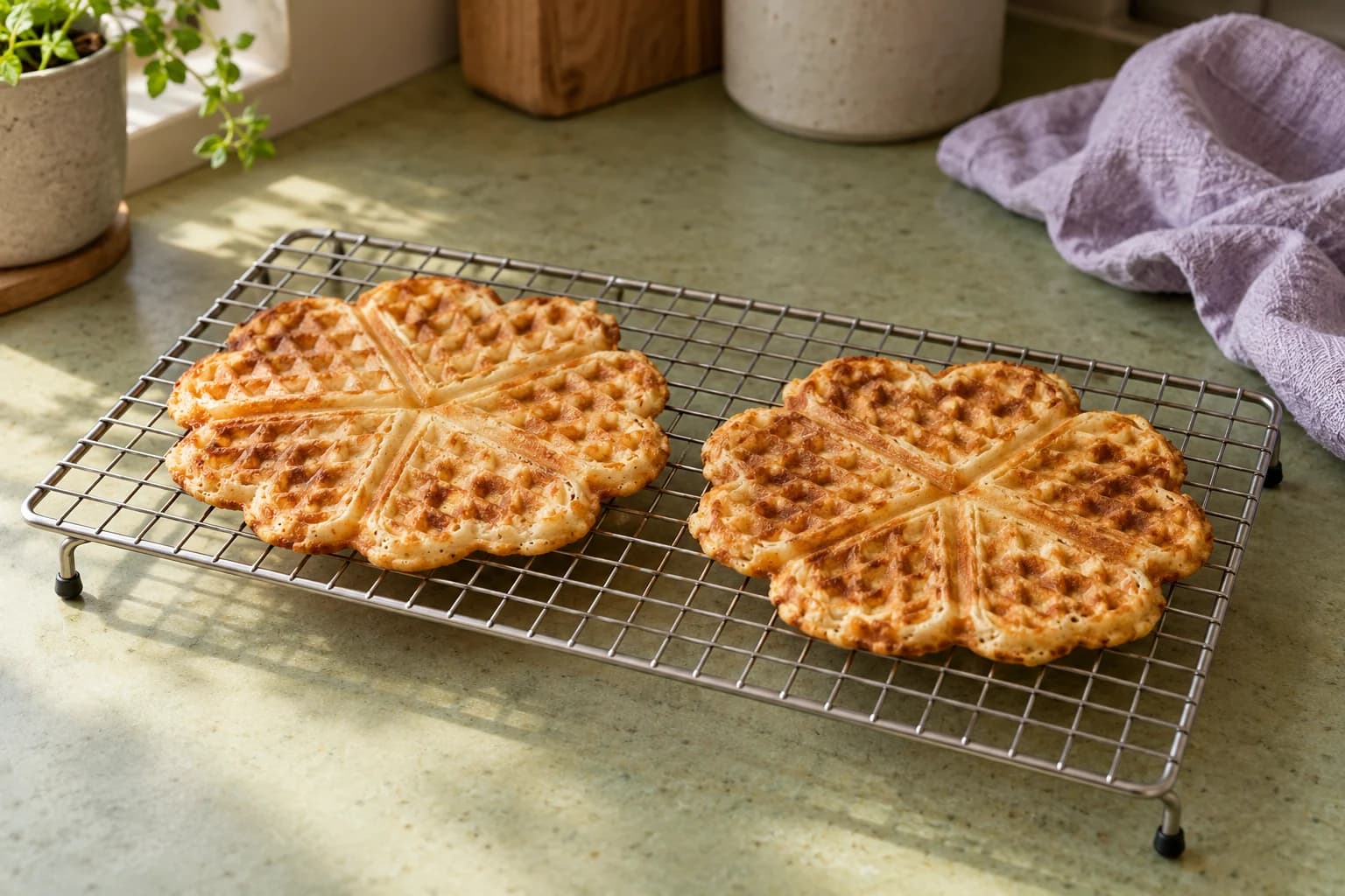 Zwei goldbraune Herzwaffeln liegen einzeln nebeneinander auf einem erhöhten Kuchengitter.