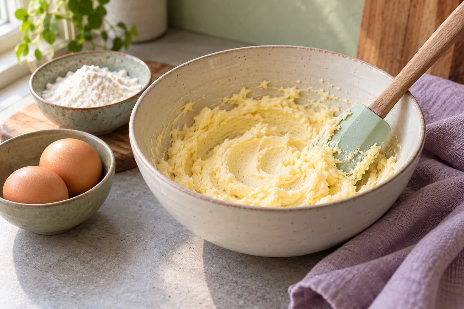 Eine Schüssel mit cremig aufgeschlagener Butter-Zucker-Masse, daneben Eier und ein Schälchen Reismehl.