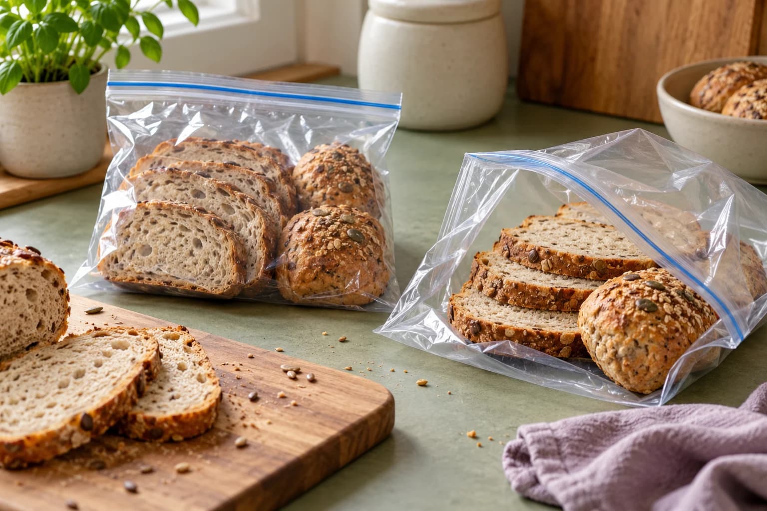 Brotscheiben und Brötchen in transparenten Gefrierbeuteln auf einer Küchenarbeitsfläche.