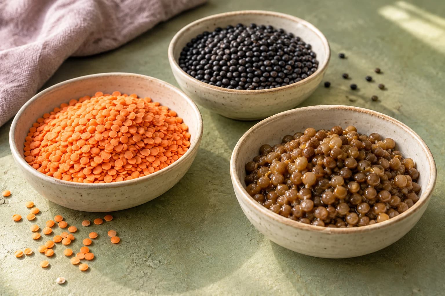 Rote gespaltene Linsen, schwarze Linsen und gegarte braune Linsen in drei Schalen.