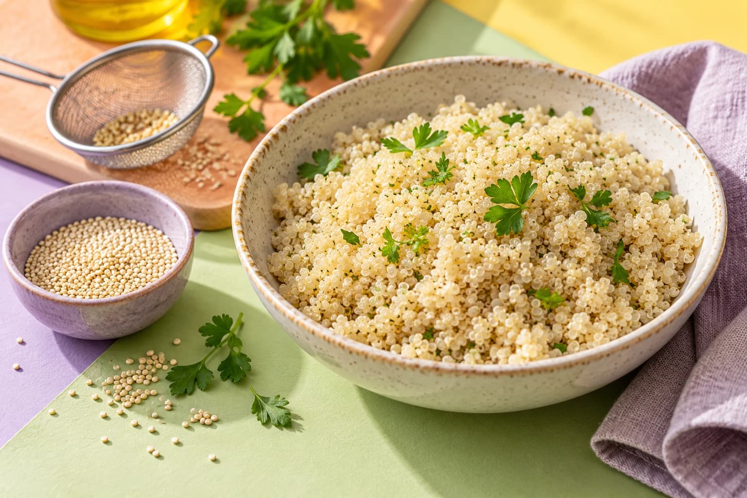 Eine Schale mit locker gegarter Quinoa und frischen Kräutern, daneben ein feines Sieb und ein Schälchen mit trockenen Quinoakörnern auf pistaziengrünen, fliederfarbenen, apricotfarbenen und buttergelben Flächen.