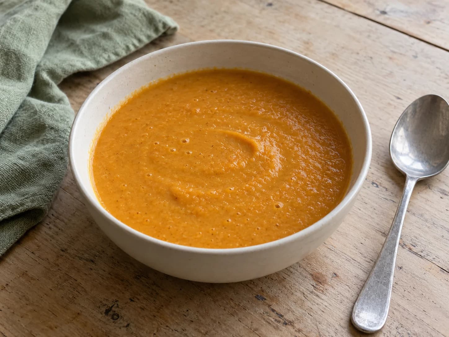 Cremig pürierte orangefarbene Suppe aus roten Linsen und Karotten ohne Garnitur in einer cremefarbenen Keramikschale