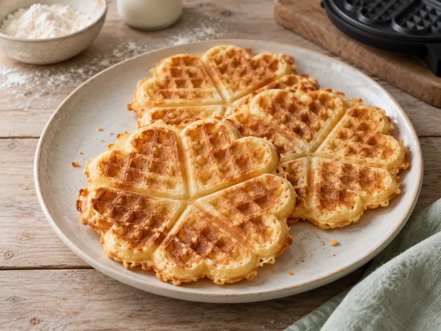 Goldbraune, flache Herzwaffeln mit je fünf Herzsegmenten und leicht ungleichmäßigen Rändern auf einem cremefarbenen Teller, ohne Garnitur