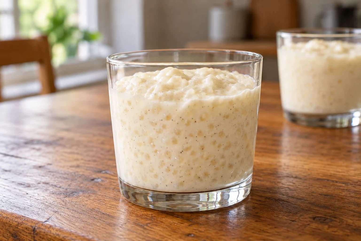Helle Sago-Vanillecreme mit kleinen durchscheinenden Perlen und feinen Vanillepunkten in einem Dessertglas