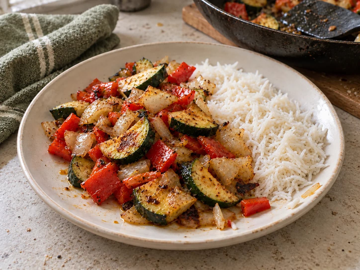 Gebratene Zucchini, rote Paprika und Zwiebeln neben Basmatireis auf einem cremefarbenen Teller