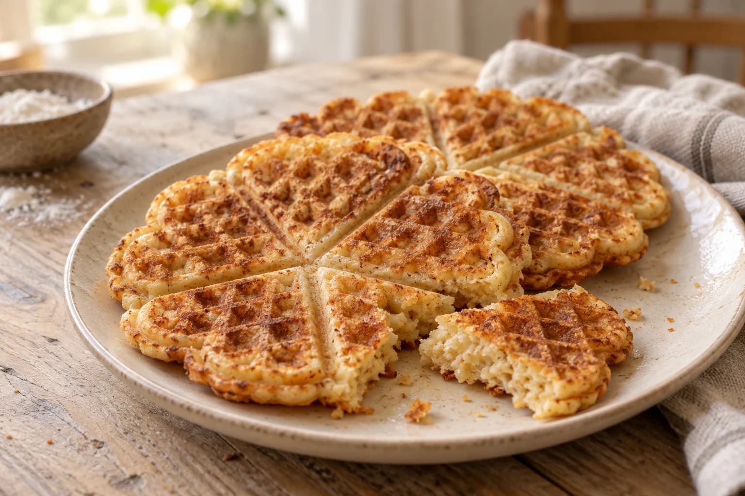 Goldbraune flache Apfel-Zimt-Waffeln mit fünf Herzsegmenten, feinen eingebackenen Apfelraspeln und ungleichmäßigen Rändern auf einem cremefarbenen Teller, ohne Belag