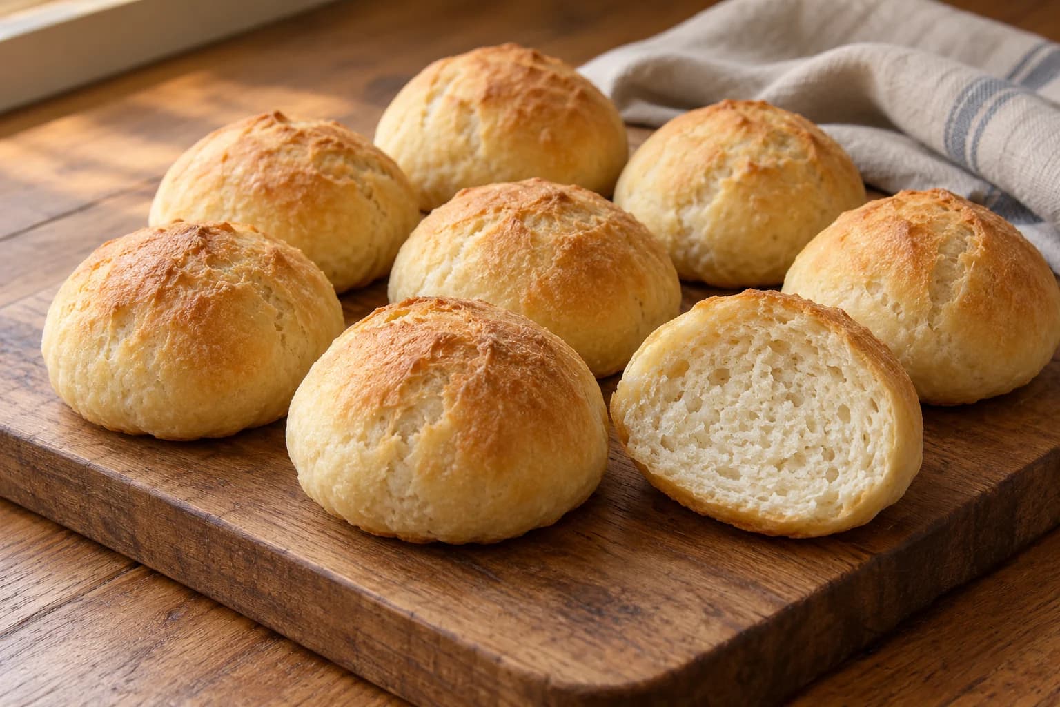 Helle goldbraune Brötchen auf einem Holzbrett; ein aufgeschnittenes Brötchen zeigt die helle, feinporige Krume